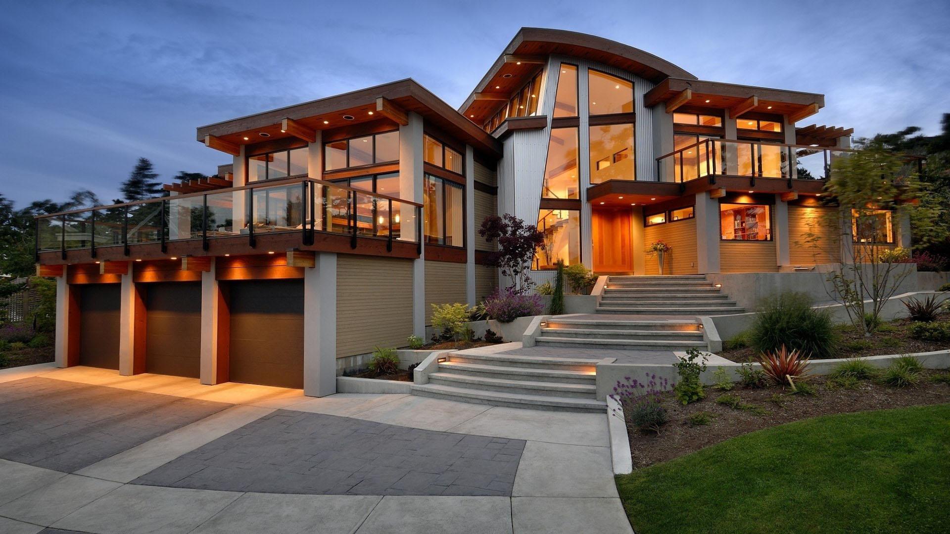Luxury architectural residence at dusk